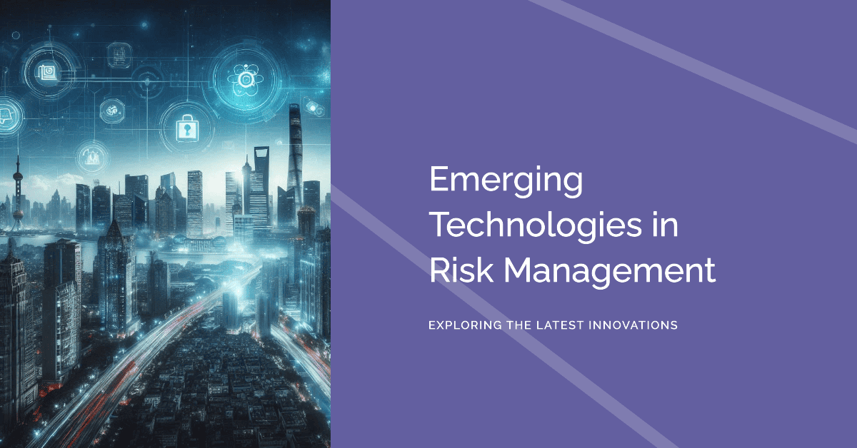 Cityscape with technology icons; risk management innovations.