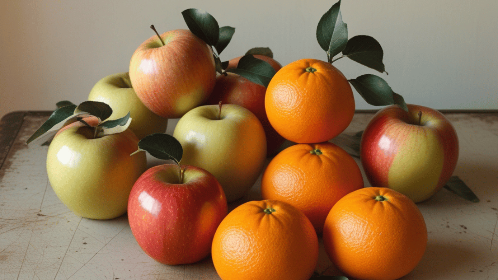 Apples and oranges on a table