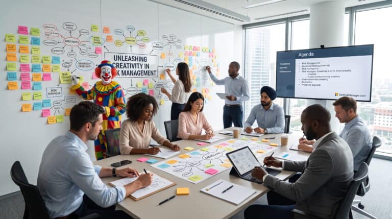 Business professionals and a clown brainstorming in a conference room.